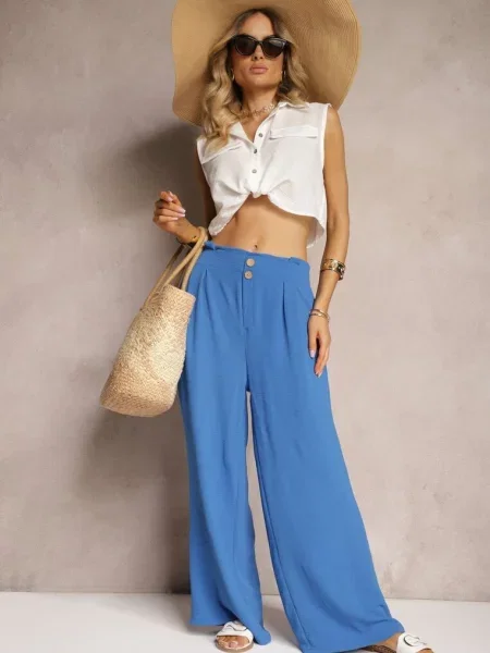 Spodnie w Stylu Alladynek High Waist Wykończone Gumką w Pasie Riselma niebieskie