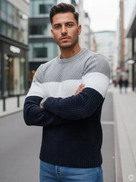 Sweter z okrągłym dekoltem szaro-granatowy Dstreet granatowy