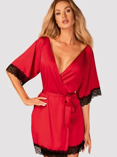 Атласный женский халат с гипюром Комплект_Obsessive_Sensuelia_robe червоний