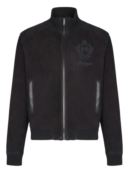 Geacă Balmain cu broderie din piele de căprioară negru