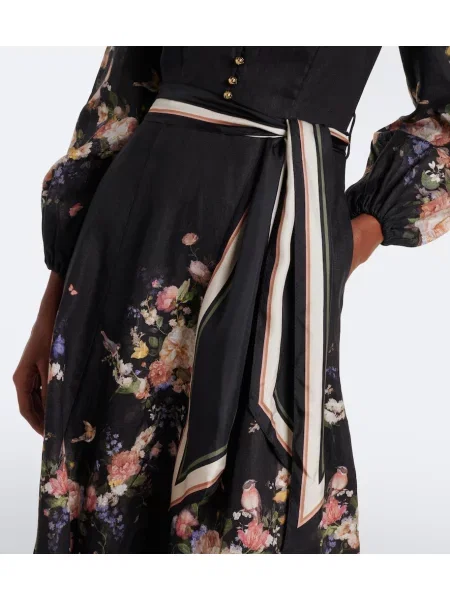 Cu centură rochie midi Zimmermann de in cu model floral negru