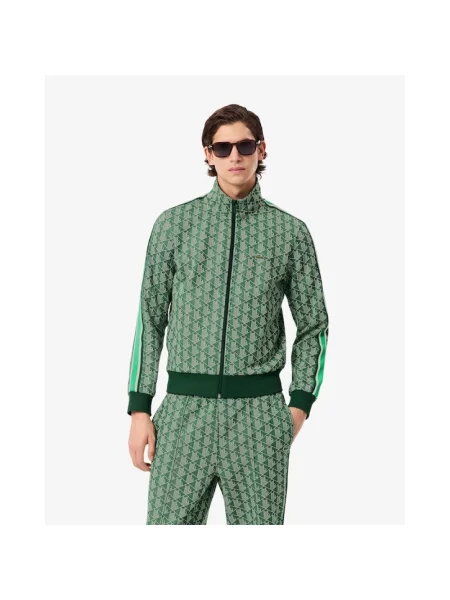 Bluza Lacoste ze stójką żakardowa z nadrukiem zielona