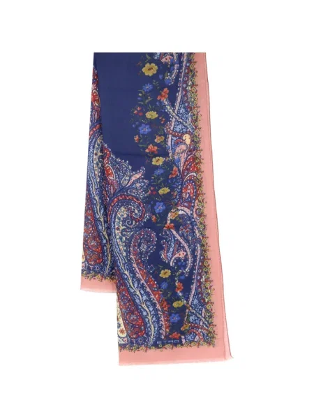 Fular Etro cu franjuri cu model paisley albastru