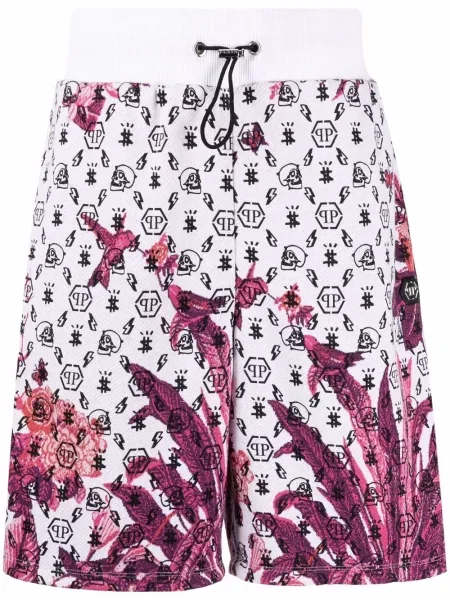 Pantaloni scurți Philipp Plein cu model floral cu autograf cu cordon alb