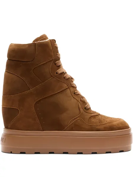 Sneakerși Casadei cu șireturi cu pană din dantelă maro