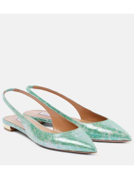 Кожени балеринки Aquazzura с отворена пета със змийски принт зелено