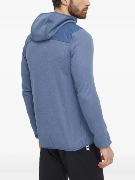 Geacă cu puf Adidas din piele de căprioară cu dungi cu glugă albastru