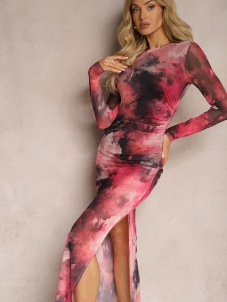 Rochie Bodycon Fucsia Plasă Imprimeu Marmorat cu Șliț Valerimes roz