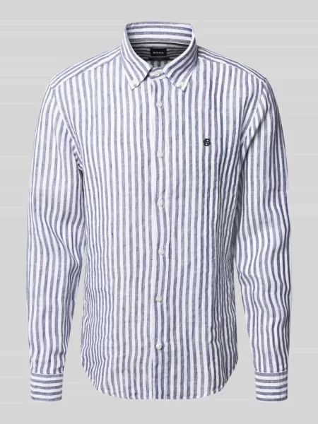 Koszula lniana o kroju regular fit z kołnierzykiem typu button down model H-LIAM-BD' Hugo niebieska