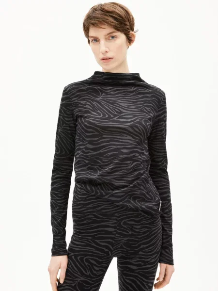 ARMEDANGELS koszulka z długim rękawem Calunaa Zebraraa Kobiety czarny|szary wzorzysty L czarny