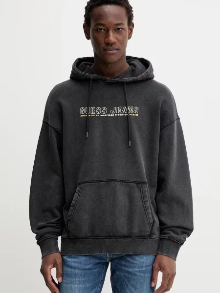 Bombažen pulover Guess Jeans s kapuco siva