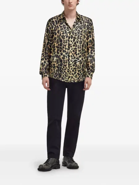 Cămașă Roberto Cavalli de mătase cu imagine cu model leopard maro