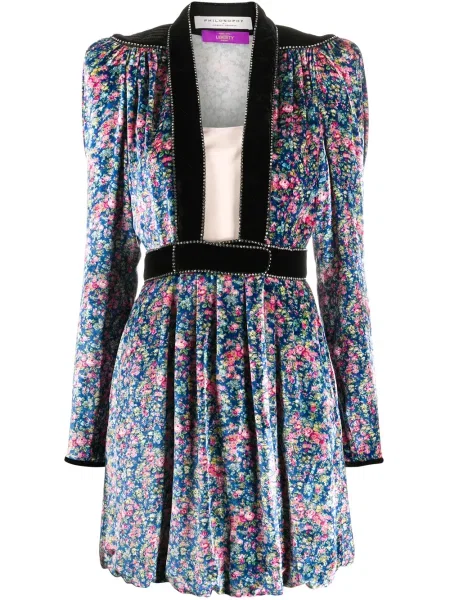 Aksamitna sukienka mini Philosophy Di Lorenzo Serafini plisowana garniturowa niebieska