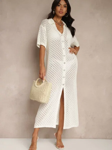 Jasnobeżowa Koszulowa Sukienka z Bawełną z Siateczki Folesia beżowa