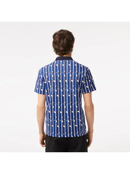 Lacoste Dwukolorowa Koszulka Polo Z Nadrukiem I Elastyczną Pikowaną Tkaniną Lacoste niebieska