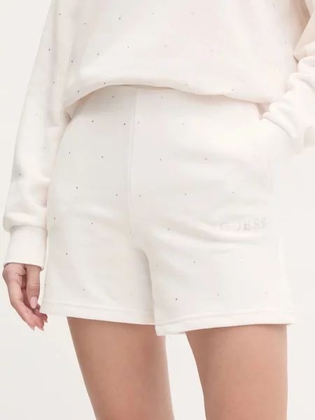 Guess szorty RHINESTONES z aplikacją high waist beżowy
