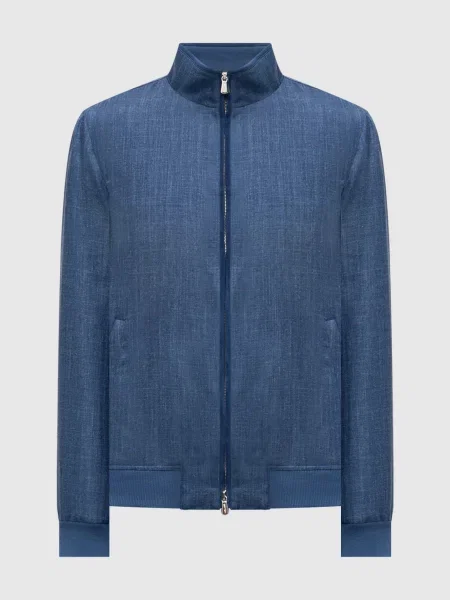 Куртка з вовни шовку та льону з вишивкою логотипа Enrico Mandelli синя