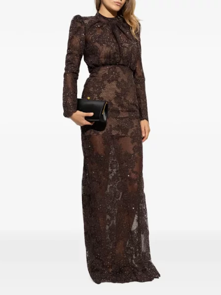 Rochie maxi Self-portrait cu paiete din dantelă maro