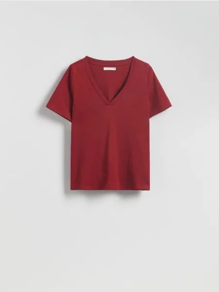 Reserved T-shirt regular z dekoltem V czerwony