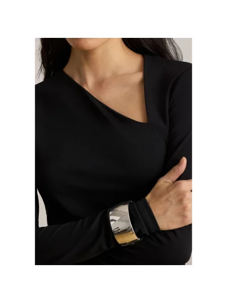 Bluzka z długim rękawem o kroju slim fit z asymetrycznym dekoltem Lauren Ralph Lauren czarna