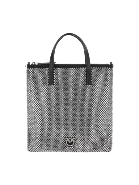 Mała shopperka Pinko skórzana z kryształkami czarna