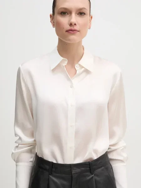 Sisley camasa de matase cu guler clasic regular bej