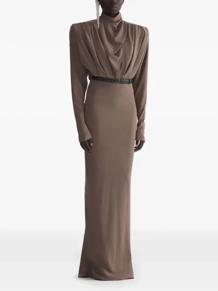 Rochie maxi Mugler drapată lungă de costum maro