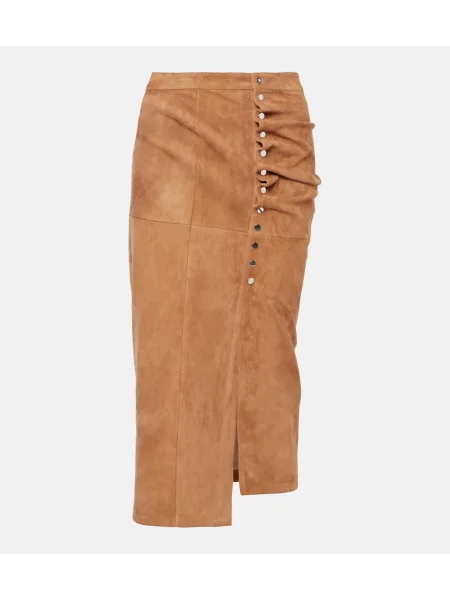 Fustă midi Rabanne din piele de căprioară până la genunchi maro