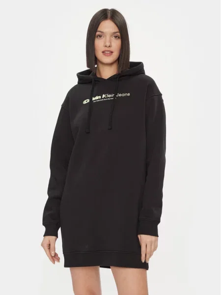 Calvin Klein Jeans Ежедневна рокля Double Ck Hoodie Dress Oversize черен