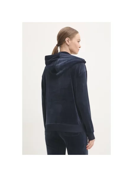 Juicy Couture bluza welurowa HALAN OVERSIZED HOODIE granatowy z kapturem gładka niebieska
