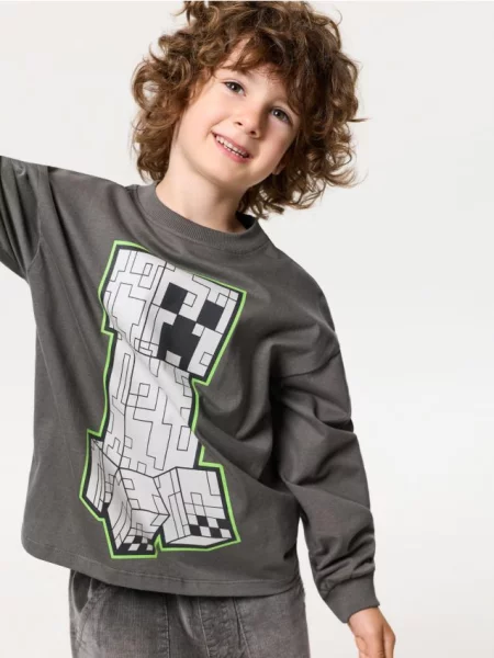 Sinsay mikina crewneck s potiskem Minecraft šedá