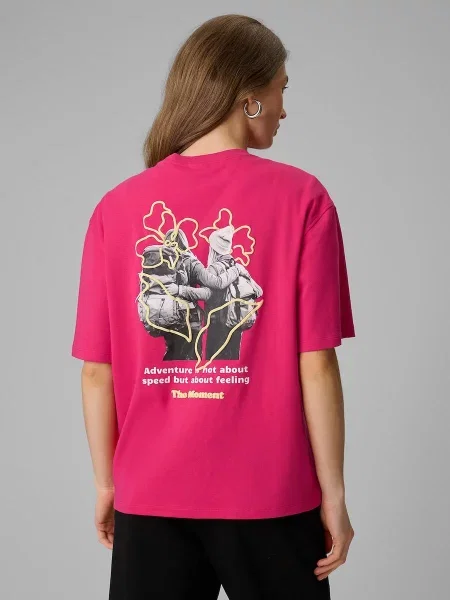 T-shirt loose z nadrukiem 4F różowa