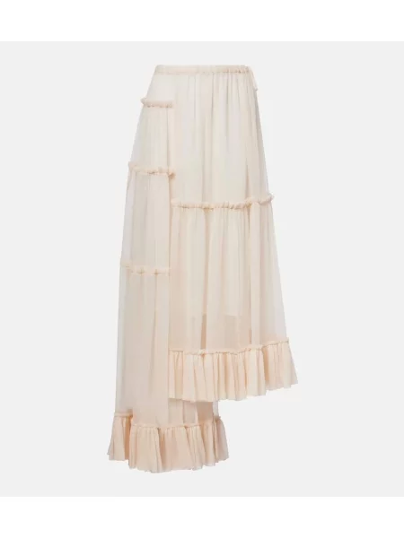 Fusta maxi Dries Van Noten de mătase cu volane asimetrică alb