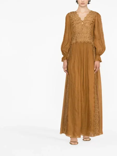 Λινή μακρύς φόρεμα Alberta Ferretti καφέ