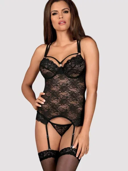 Кружевной корсет с открытой спиной и трусики стринг чорні