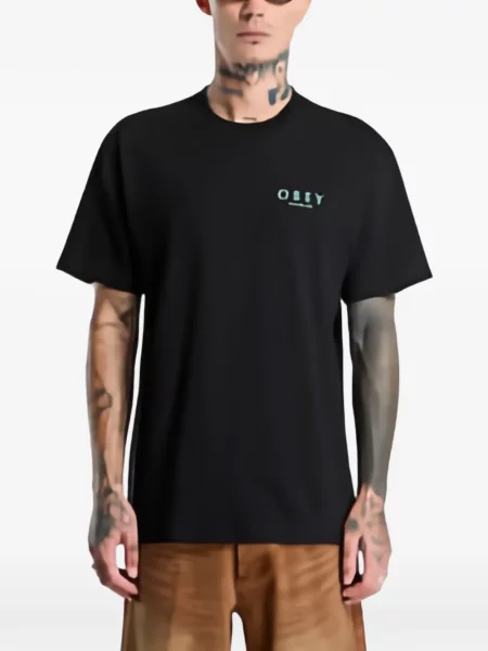 Květinové tričko Obey s potiskem černé