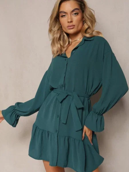 Ciemnozielona Koszulowa Sukienka Mini z Falbanką i Wiązanym Blisotta zielona