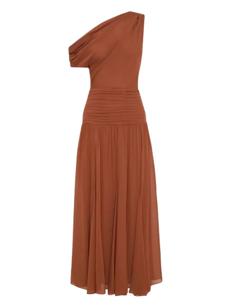 Sukienka midi Nicholas plisowana do kolan na jednym ramieniu brązowa