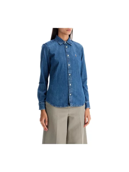 Bluzka Ralph Lauren z twillu z długim rękawem niebieska