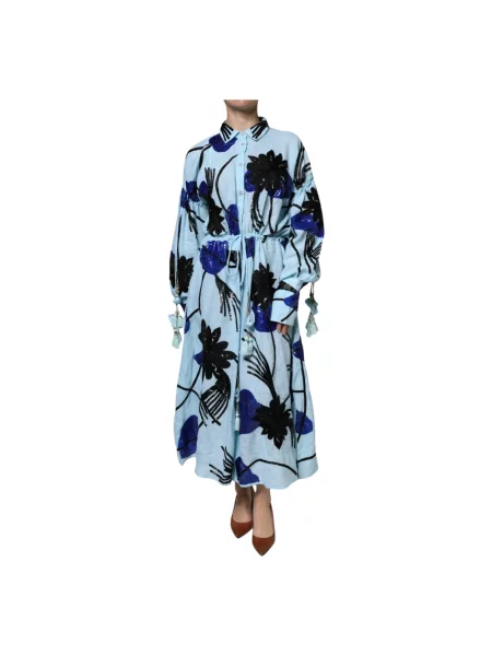 Lniana sukienka maxi Christian Pellizzari z długim rękawem niebieska