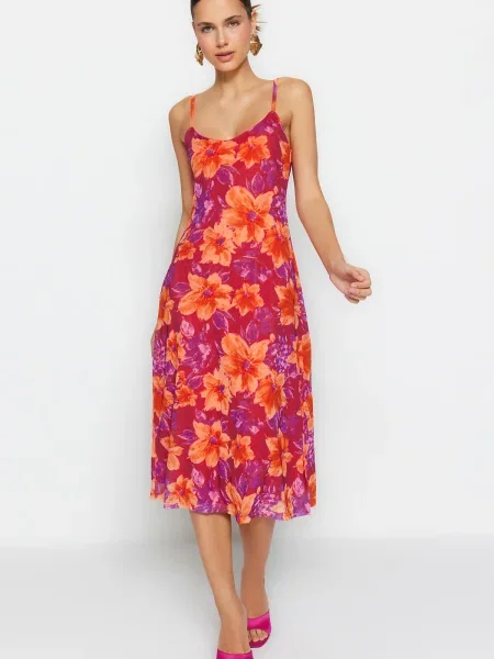 Rochie midi Trendyol cu model floral din tul cu bretele roz