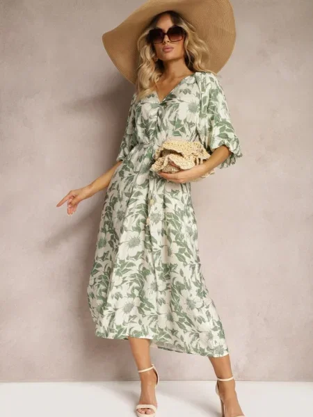 Rochie verde-albă din cu legare în talie și mâneci decorative Nanea alb