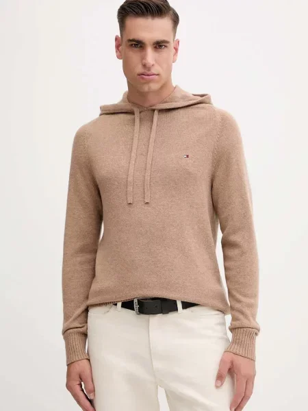 Вълнен пуловер Tommy Hilfiger мъжки кафяво бежово