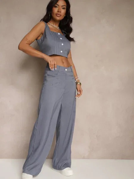 Komplet Top Zdobiony i Spodnie o Szerokim Kroju Liracelle niebieski