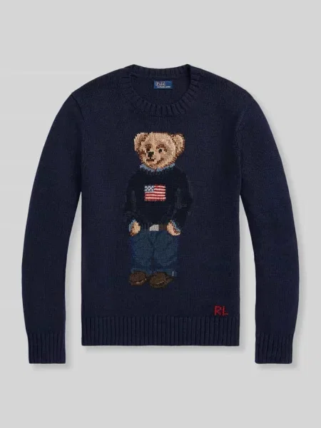 Sweter z dzianiny z motywem i okrągłym dekoltem Ralph Lauren niebieski