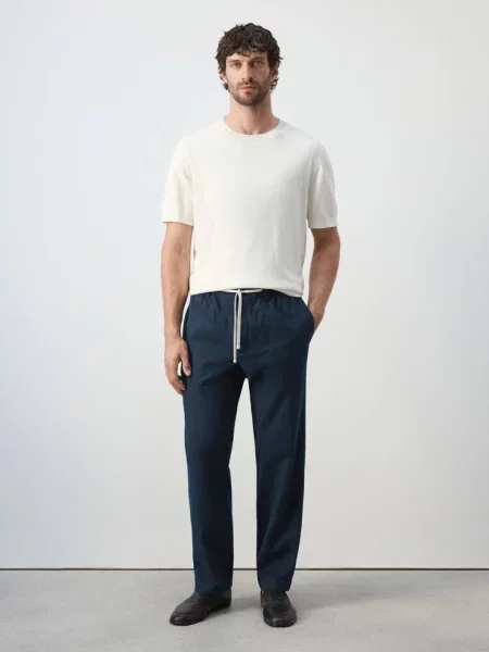 Spodnie relaxed fit z mieszanki bawełny i lnu Mężczyzna 38 MANGO MAN granatowy