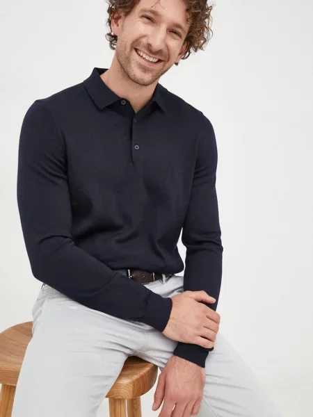 Вълнен пуловер BOSS мъжки от лека материя тъмносиньо