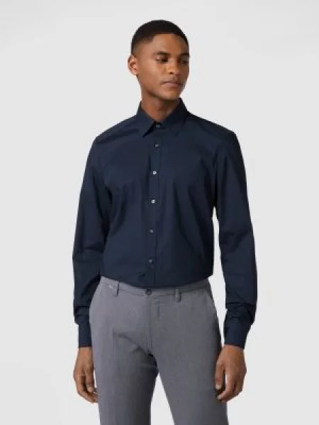 Koszula biznesowa o kroju slim fit z popeliny Olymp Level Five granatowa
