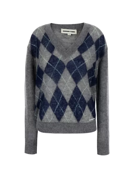 Pulover Shushu/tong cu decolteu în V cu model argyle gri