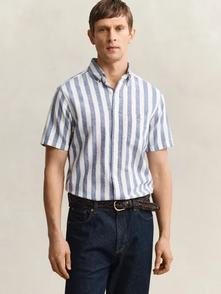 Gant koszula z krótkim rękawem z lnu Mężczyźni Regular Fit M niebieski